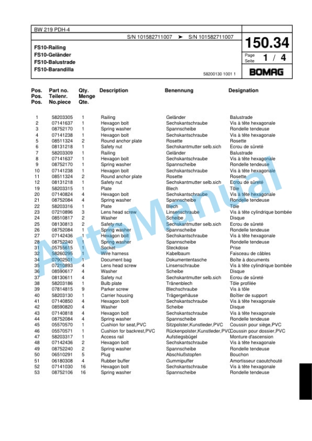 Bomag BW 219 PDH-4 Single Drum Wheel Drive Vibratory Roller Spare Parts Catalogue 00817807-4