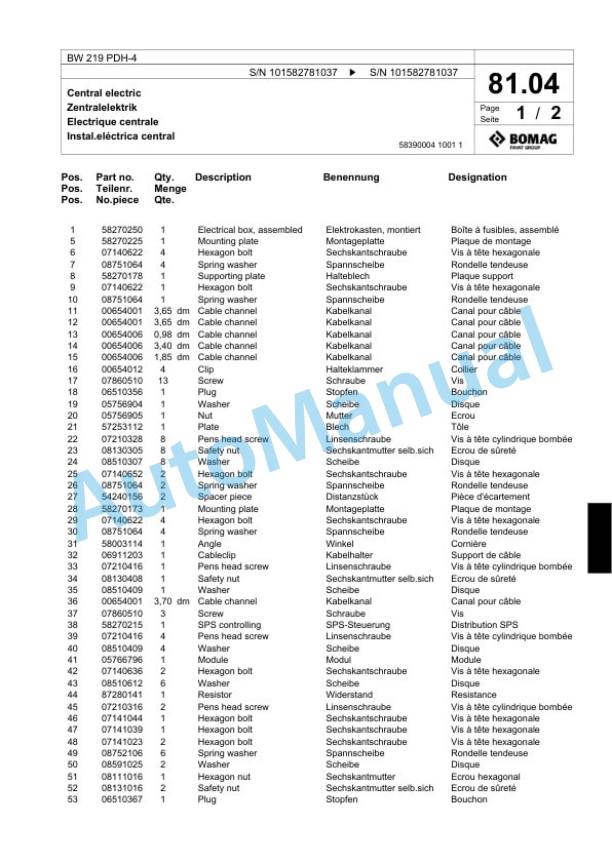 Bomag BW 219 PDH-4 Single Drum Wheel Drive Vibratory Roller Spare Parts Catalogue 00818071-2