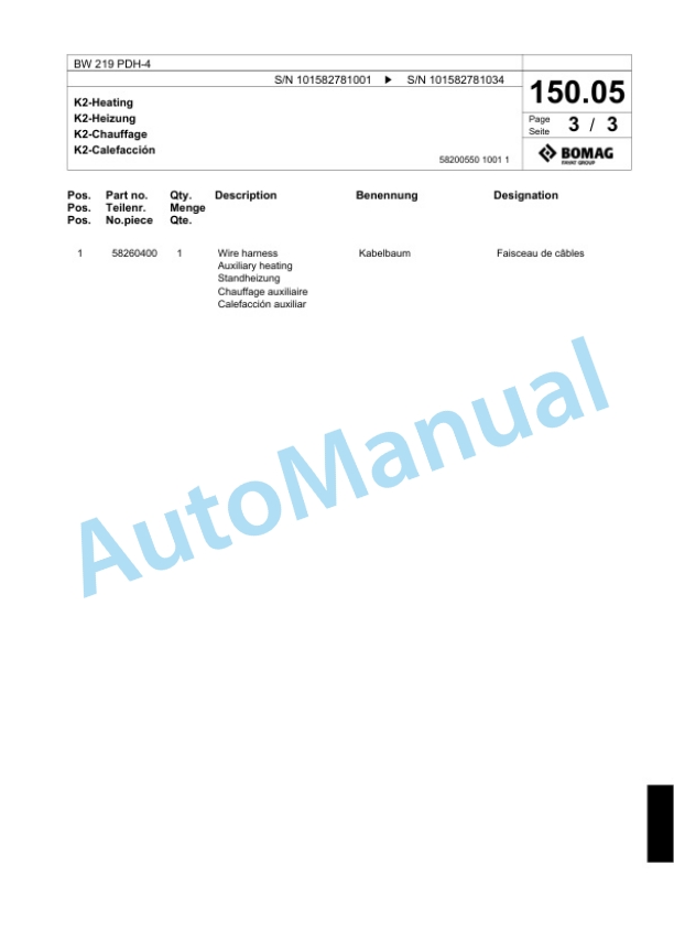 Bomag BW 219 PDH-4 Single Drum Wheel Drive Vibratory Roller Spare Parts Catalogue 00818071-3