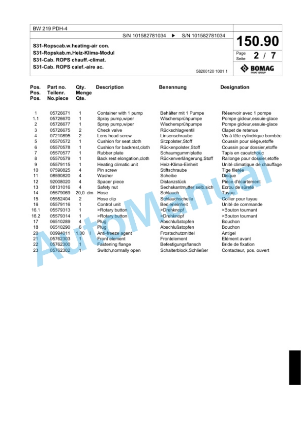 Bomag BW 219 PDH-4 Single Drum Wheel Drive Vibratory Roller Spare Parts Catalogue 00818071-4