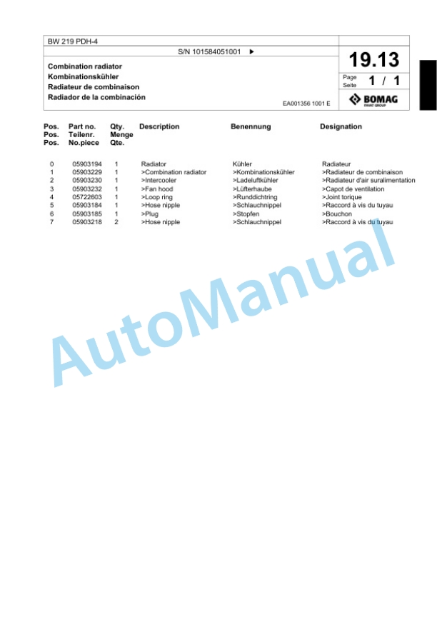 Bomag BW 219 PDH-4 Single Drum Wheel Drive Vibratory Roller Spare Parts Catalogue 00818859-2