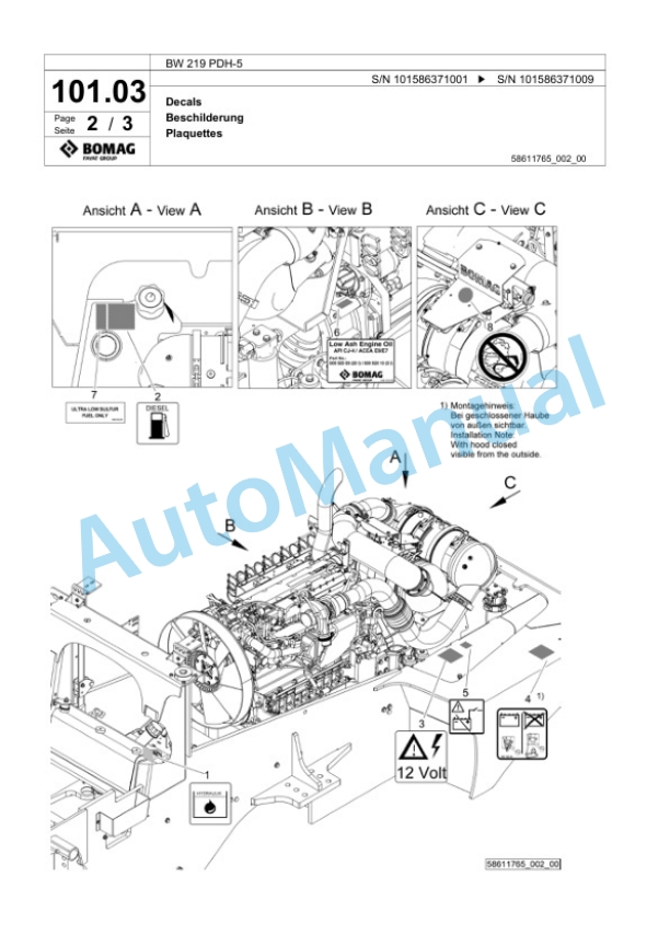 Bomag BW 219 PDH-5 Single Drum Wheel Drive Vibratory Roller Spare Parts Catalogue 00824849-4