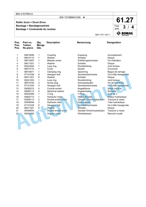 Bomag BW 219 PDH-5 Single Drum Wheel Drive Vibratory Roller Spare Parts Catalogue 00825225-2