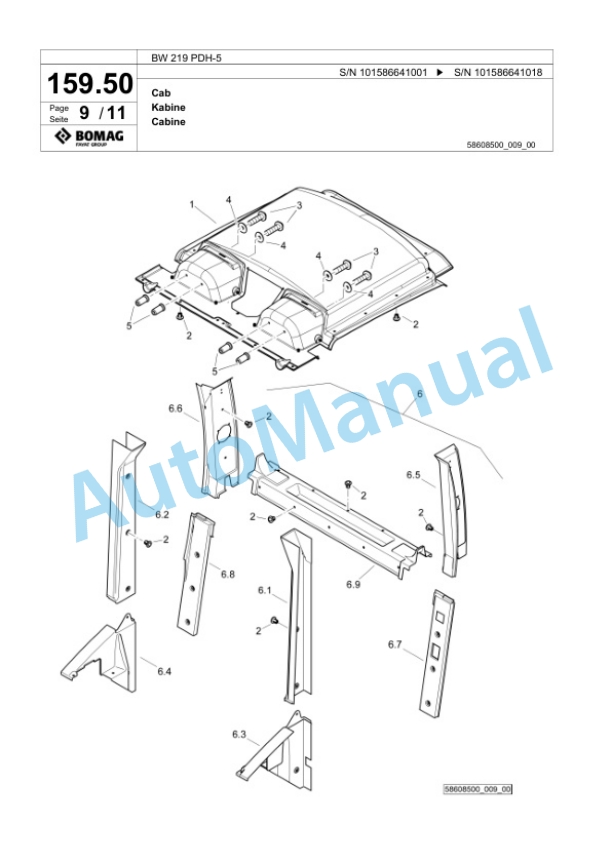 Bomag BW 219 PDH-5 Single Drum Wheel Drive Vibratory Roller Spare Parts Catalogue 00825225-5