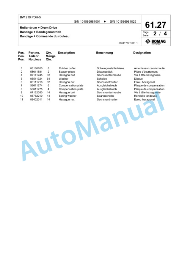 Bomag BW 219 PDH-5 Single Drum Wheel Drive Vibratory Roller Spare Parts Catalogue 00825705-2