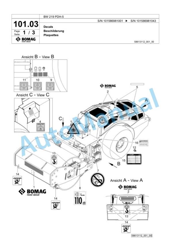 Bomag BW 219 PDH-5 Single Drum Wheel Drive Vibratory Roller Spare Parts Catalogue 00825705-3