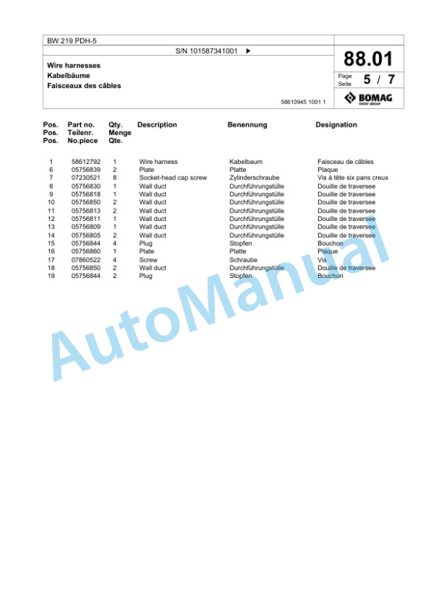 Bomag BW 219 PDH-5 Single Drum Wheel Drive Vibratory Roller Spare Parts Catalogue 00825853-2