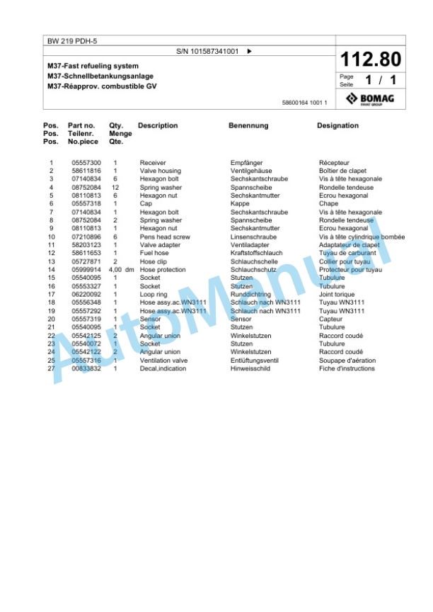 Bomag BW 219 PDH-5 Single Drum Wheel Drive Vibratory Roller Spare Parts Catalogue 00825853-3