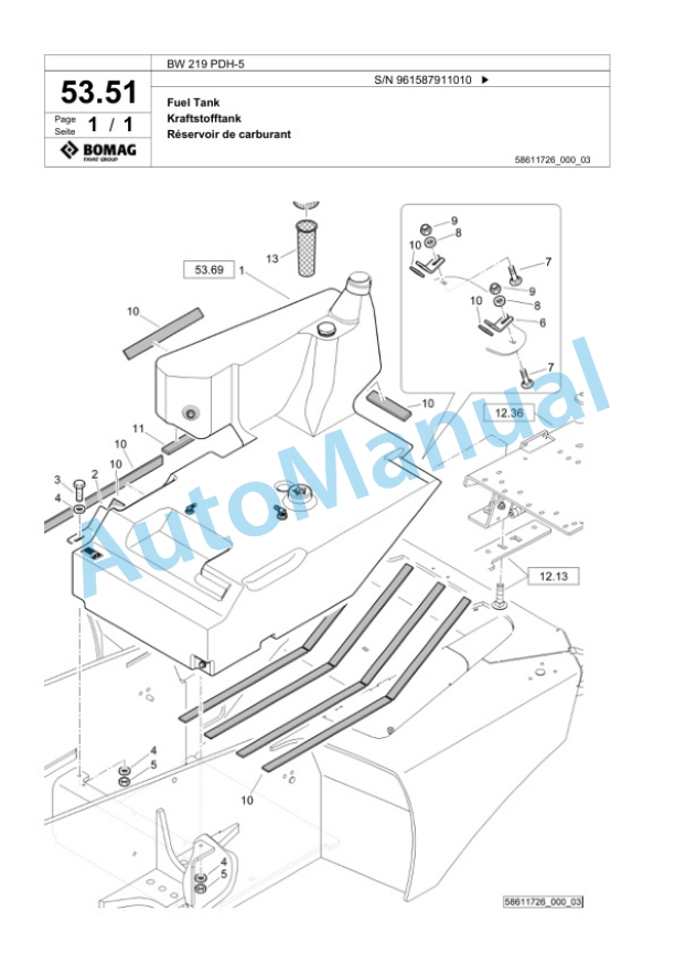 Bomag BW 219 PDH-5 Single Drum Wheel Drive Vibratory Roller Spare Parts Catalogue 00826945-2