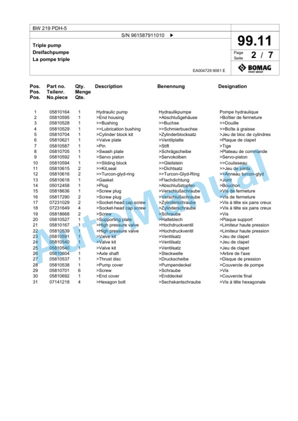 Bomag BW 219 PDH-5 Single Drum Wheel Drive Vibratory Roller Spare Parts Catalogue 00826945-3