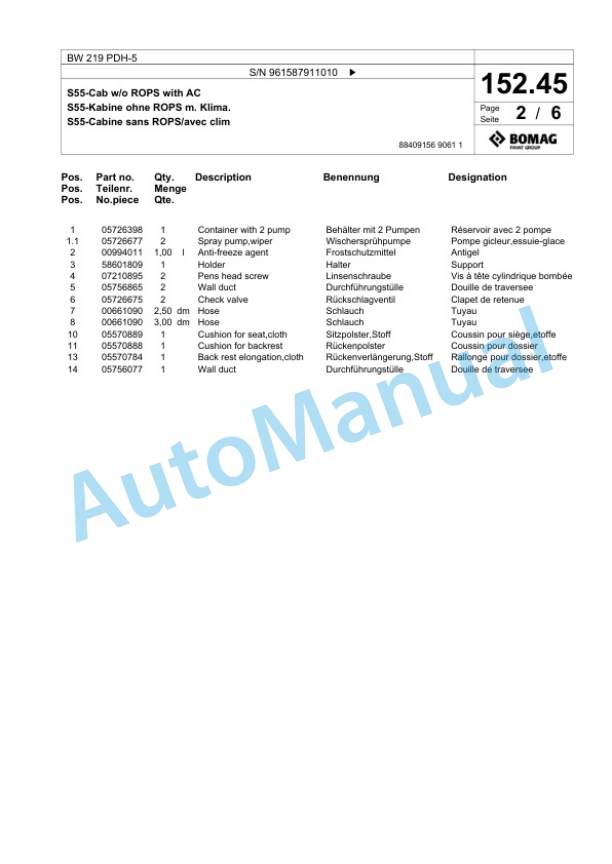 Bomag BW 219 PDH-5 Single Drum Wheel Drive Vibratory Roller Spare Parts Catalogue 00826945-5