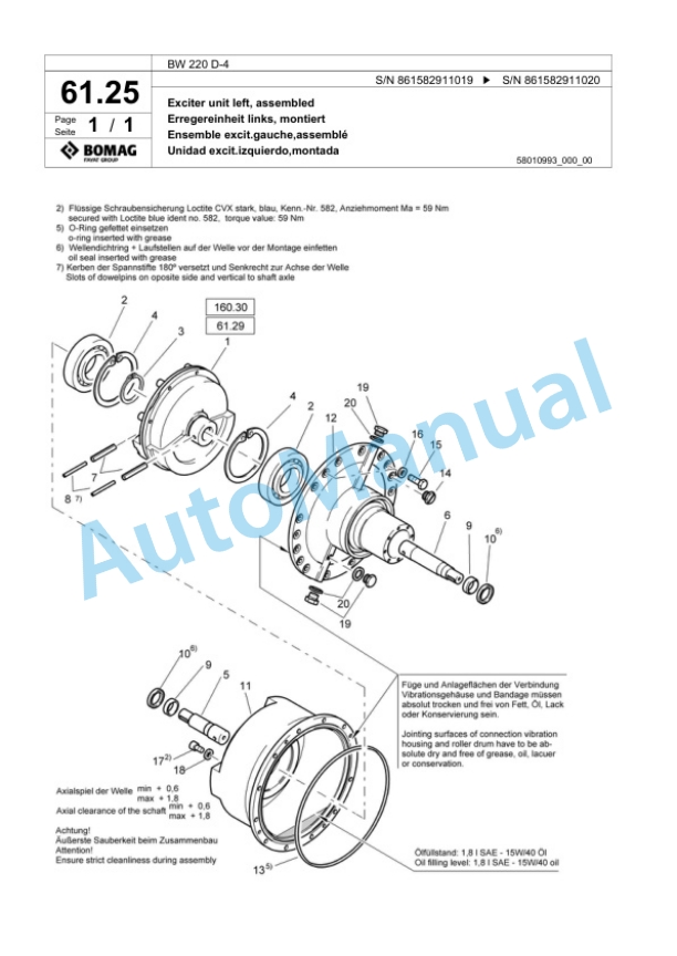 Bomag BW 220 D-4 Single Drum Wheel Drive Vibratory Roller Spare Parts Catalogue 00818989-2