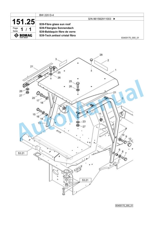 Bomag BW 220 D-4 Single Drum Wheel Drive Vibratory Roller Spare Parts Catalogue 00818989-5