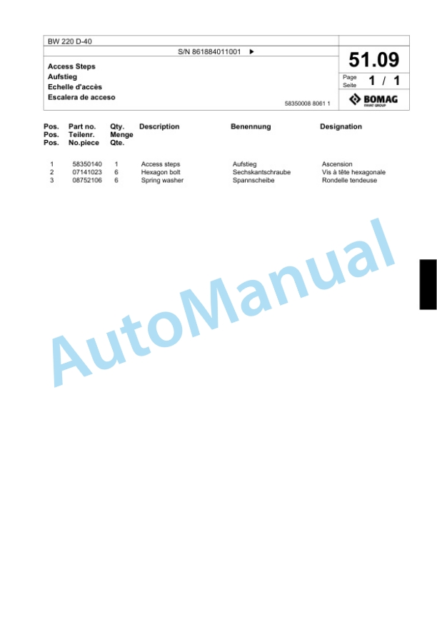 Bomag BW 220 D-40 Single Drum Wheel Drive Vibratory Roller Spare Parts Catalogue 00824803-2