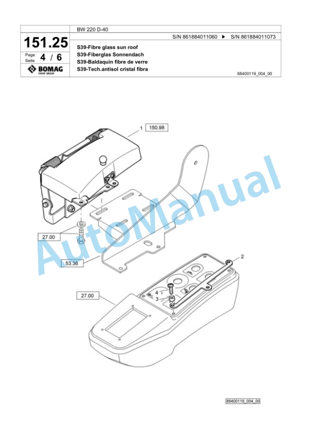 Bomag BW 220 D-40 Single Drum Wheel Drive Vibratory Roller Spare Parts Catalogue 00824803-5
