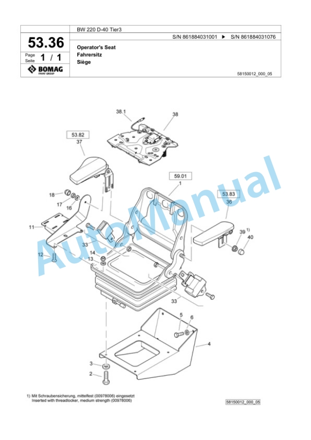 Bomag BW 220 D-40 Tier3 Single Drum Wheel Drive Vibratory Roller Spare Parts Catalogue 00824989-2