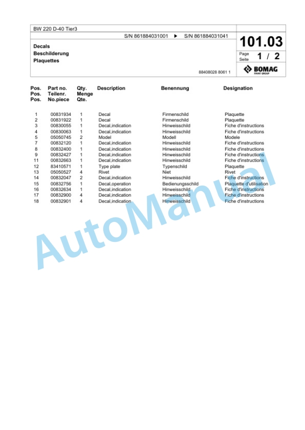 Bomag BW 220 D-40 Tier3 Single Drum Wheel Drive Vibratory Roller Spare Parts Catalogue 00824989-5
