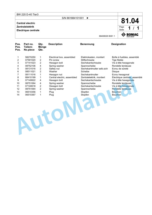 Bomag BW 220 D-40 Tier3 Single Drum Wheel Drive Vibratory Roller Spare Parts Catalogue 00825185-3