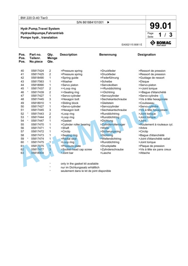 Bomag BW 220 D-40 Tier3 Single Drum Wheel Drive Vibratory Roller Spare Parts Catalogue 00825185-4