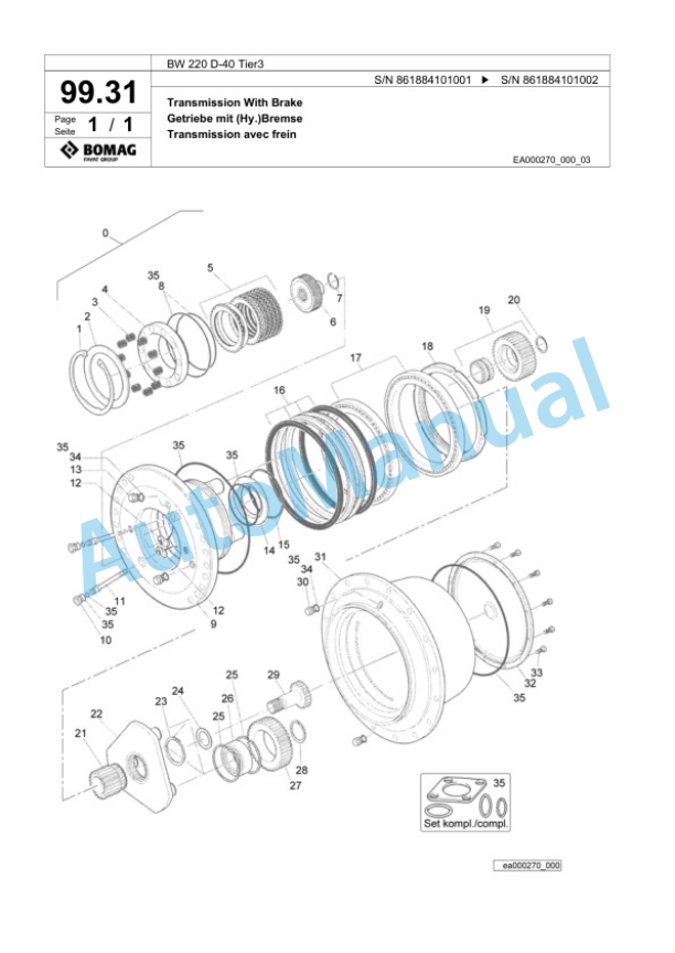 Bomag BW 220 D-40 Tier3 Single Drum Wheel Drive Vibratory Roller Spare Parts Catalogue 00825185-5