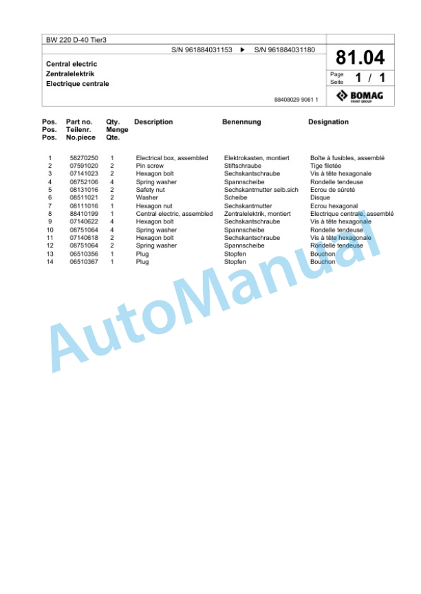 Bomag BW 220 D-40 Tier3 Single Drum Wheel Drive Vibratory Roller Spare Parts Catalogue 00826223-3