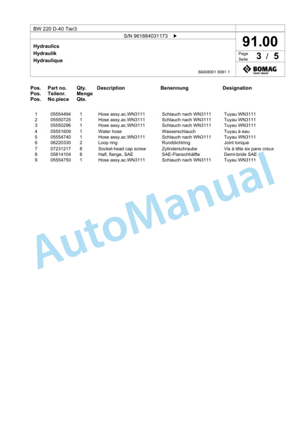 Bomag BW 220 D-40 Tier3 Single Drum Wheel Drive Vibratory Roller Spare Parts Catalogue 00826223-4