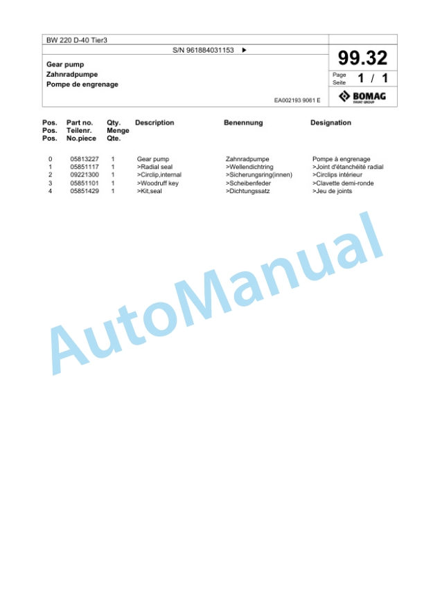 Bomag BW 220 D-40 Tier3 Single Drum Wheel Drive Vibratory Roller Spare Parts Catalogue 00826223-5