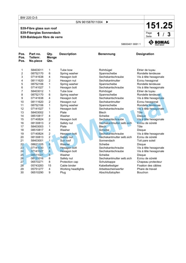 Bomag BW 220 D-5 Single Drum Wheel Drive Vibratory Roller Spare Parts Catalogue 00826429-3
