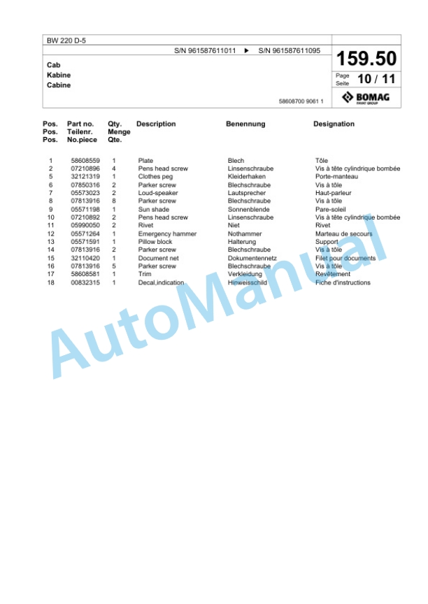 Bomag BW 220 D-5 Single Drum Wheel Drive Vibratory Roller Spare Parts Catalogue 00826429-5