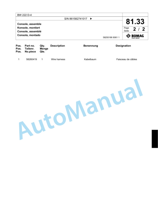 Bomag BW 222 D-4 Single Drum Wheel Drive Vibratory Roller Spare Parts Catalogue 00818431-2