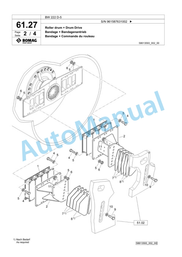 Bomag BW 222 D-5 Single Drum Wheel Drive Vibratory Roller Spare Parts Catalogue 00826433-2