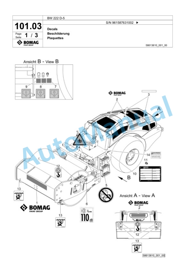 Bomag BW 222 D-5 Single Drum Wheel Drive Vibratory Roller Spare Parts Catalogue 00826433-3