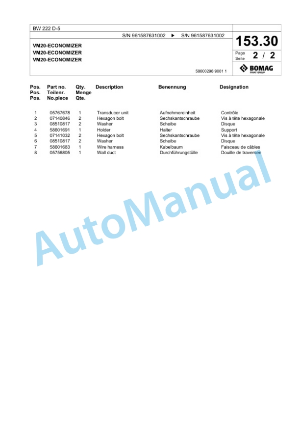 Bomag BW 222 D-5 Single Drum Wheel Drive Vibratory Roller Spare Parts Catalogue 00826433-5