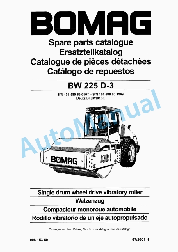 Bomag BW 225 D-3 Single Drum Wheel Drive Vibratory Roller Spare Parts Catalogue 00815360