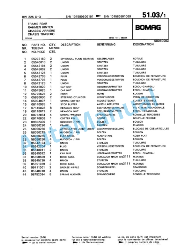 Bomag BW 225 D-3 Single Drum Wheel Drive Vibratory Roller Spare Parts Catalogue 00815360-2