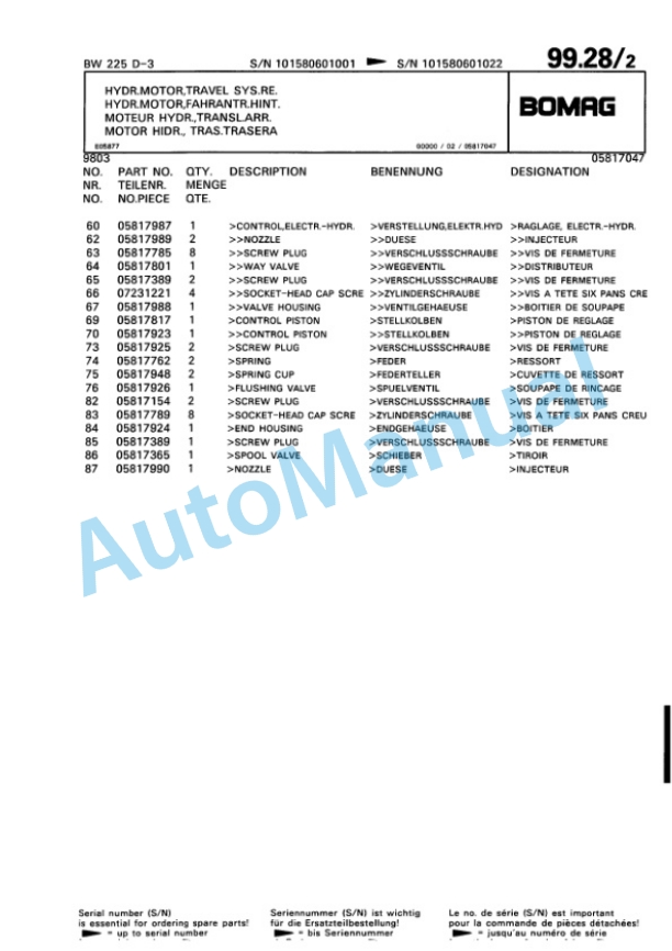 Bomag BW 225 D-3 Single Drum Wheel Drive Vibratory Roller Spare Parts Catalogue 00815360-3