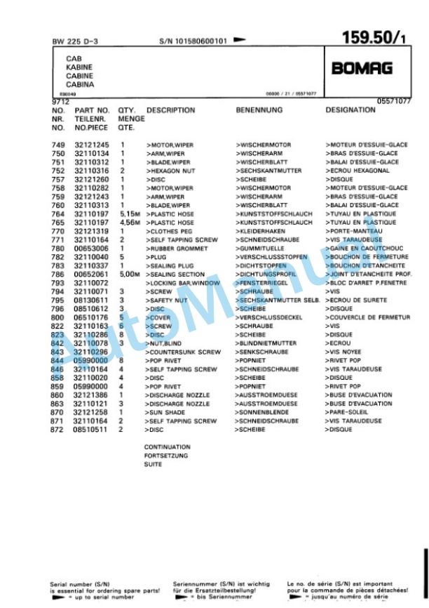 Bomag BW 225 D-3 Single Drum Wheel Drive Vibratory Roller Spare Parts Catalogue 00815360-5