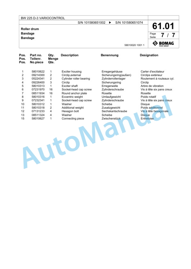 Bomag BW 225 D-3 VARIOCONTROL Single Drum Wheel Drive Vibratory Roller Spare Parts Catalogue 00817548-3