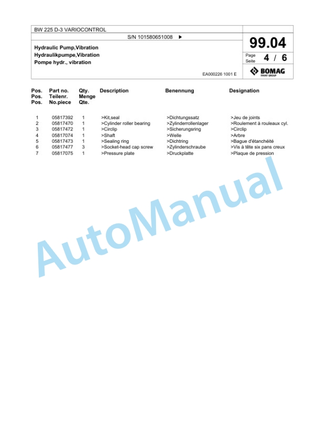 Bomag BW 225 D-3 VARIOCONTROL Single Drum Wheel Drive Vibratory Roller Spare Parts Catalogue 00817548-4