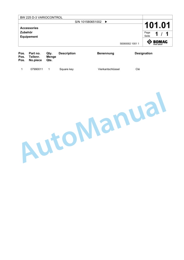 Bomag BW 225 D-3 VARIOCONTROL Single Drum Wheel Drive Vibratory Roller Spare Parts Catalogue 00817548-5