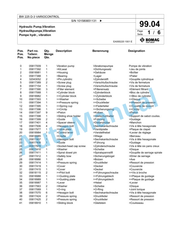 Bomag BW 225 D-3 VARIOCONTROL Single Drum Wheel Drive Vibratory Roller Spare Parts Catalogue 00817549-4