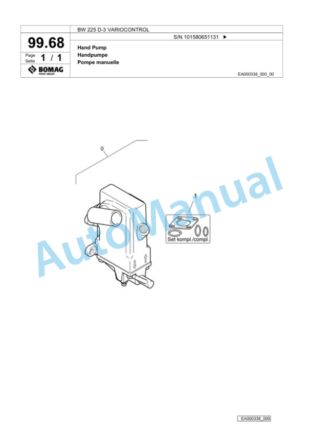 Bomag BW 225 D-3 VARIOCONTROL Single Drum Wheel Drive Vibratory Roller Spare Parts Catalogue 00817549-5