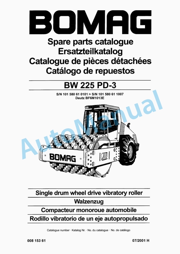 Bomag BW 225 PD-3 Single Drum Wheel Drive Vibratory Roller Spare Parts Catalogue 00815361