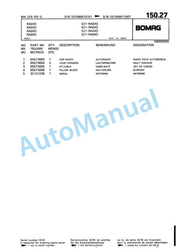 Bomag BW 225 PD-3 Single Drum Wheel Drive Vibratory Roller Spare Parts Catalogue 00815361-4