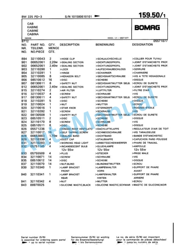 Bomag BW 225 PD-3 Single Drum Wheel Drive Vibratory Roller Spare Parts Catalogue 00815361-5