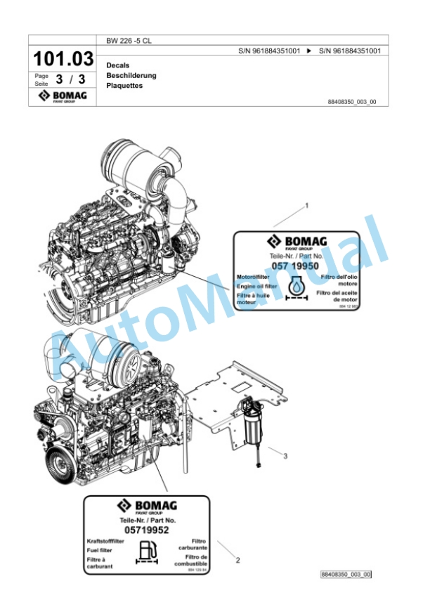Bomag BW 226 -5 CL Single Drum Wheel Drive Vibratory Roller Spare Parts Catalogue 00826805-4