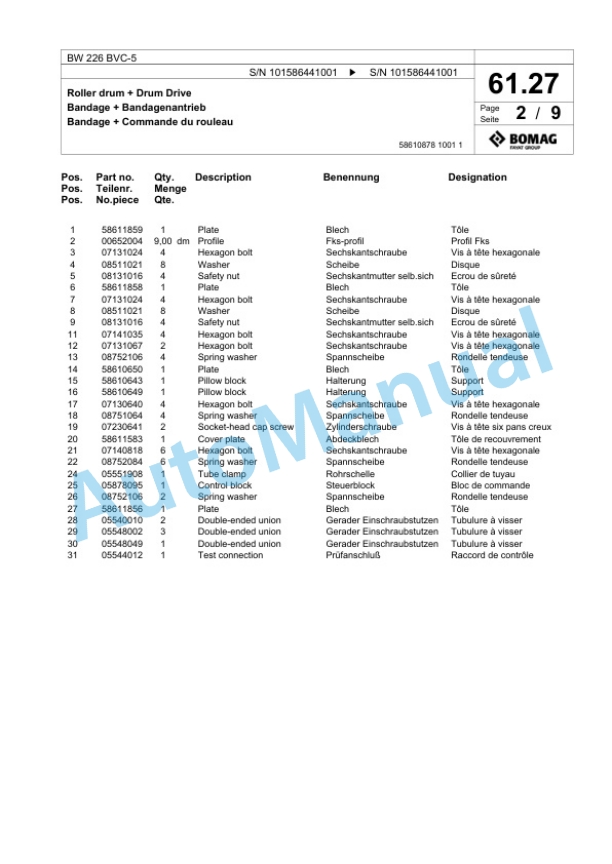 Bomag BW 226 BVC-5 Single Drum Wheel Drive Vibratory Roller Spare Parts Catalogue 00824883-2