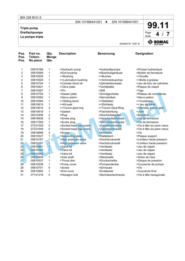 Bomag BW 226 BVC-5 Single Drum Wheel Drive Vibratory Roller Spare Parts Catalogue 00824883-3
