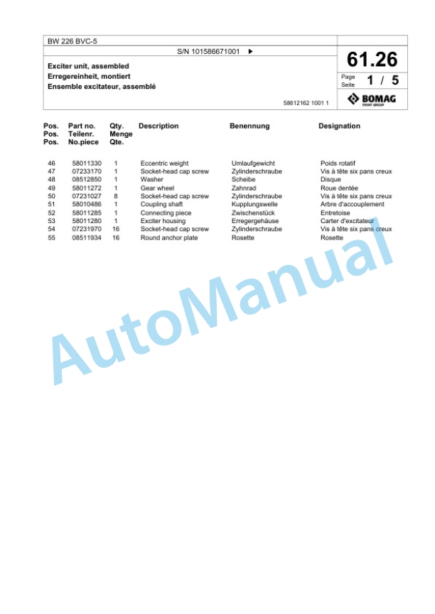 Bomag BW 226 BVC-5 Single Drum Wheel Drive Vibratory Roller Spare Parts Catalogue 00825217-2