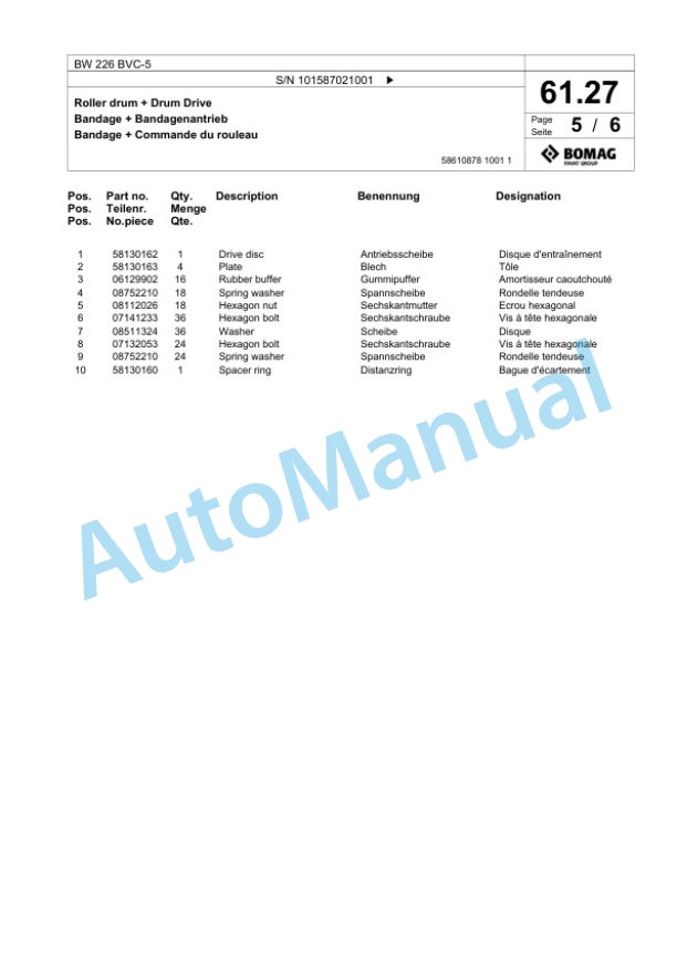 Bomag BW 226 BVC-5 Single Drum Wheel Drive Vibratory Roller Spare Parts Catalogue 00825717-2
